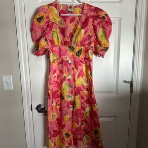 Farm Rio Pink Papaya Salad Button Down Midi Dress